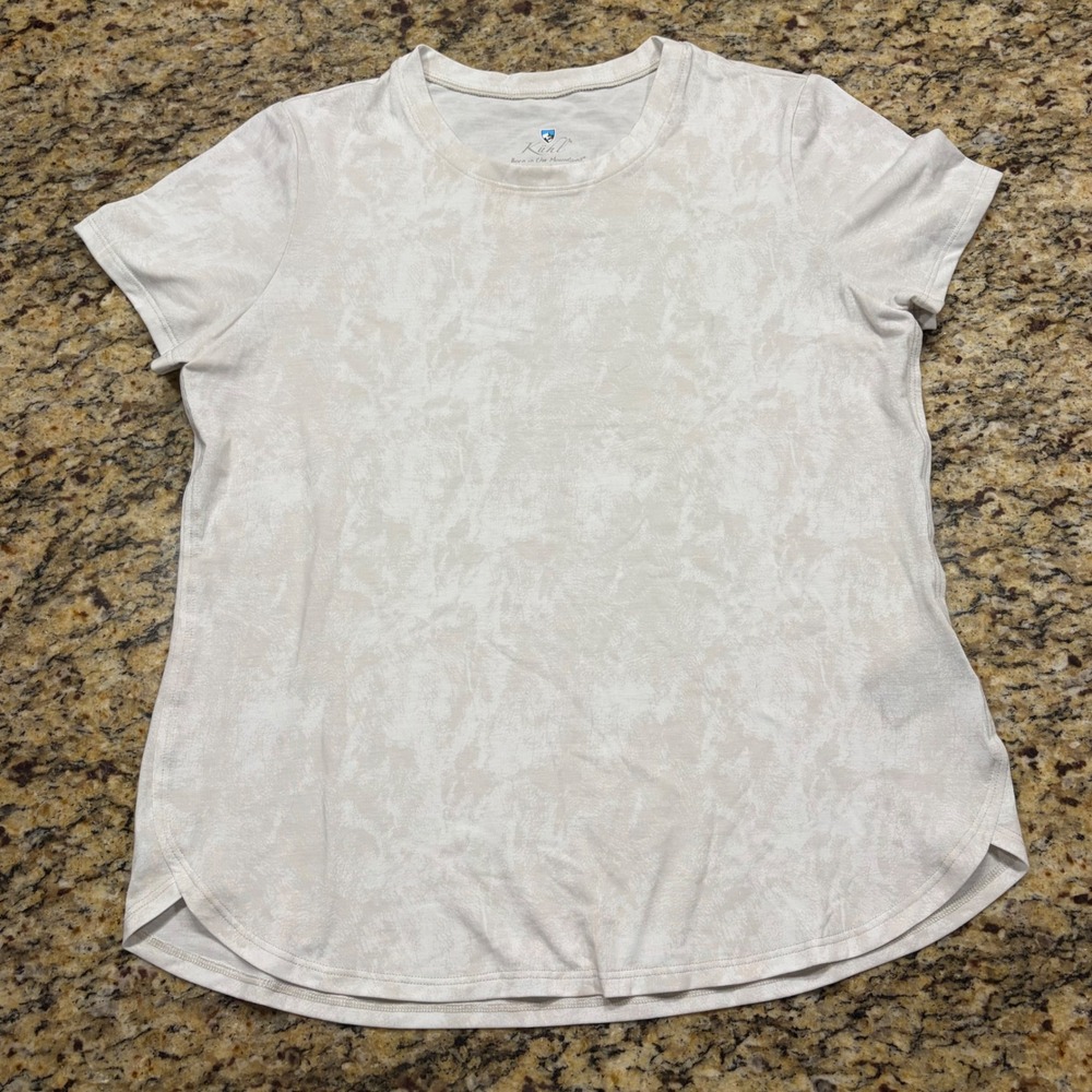 Kuhl Womens Medium Cream White Marble Print Short Sleeve Curved Hem T-Shirt ws